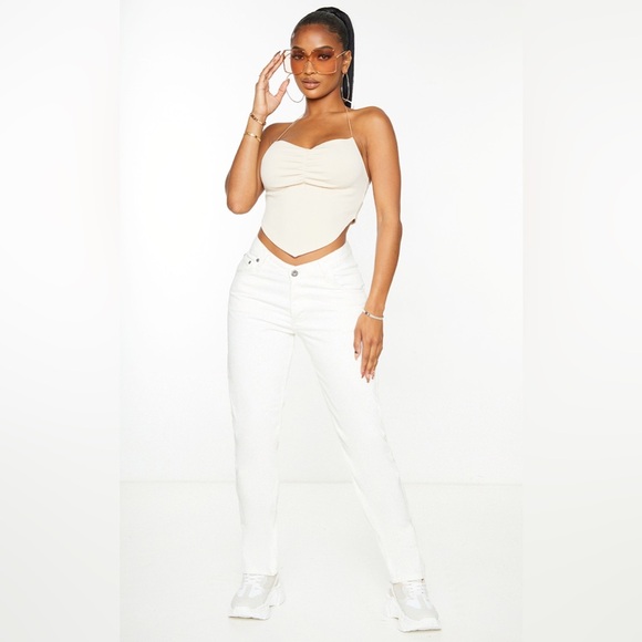 PRETTYLITTLETHING Nude Beige Front Ruched Ribbed Halter-neck Cropped Top Shirt S - Picture 3 of 16